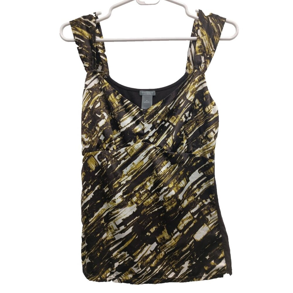 VTG Y2K Ann Taylor Womens Babydoll Tank Top Medium Gold Black Abstract Coquette